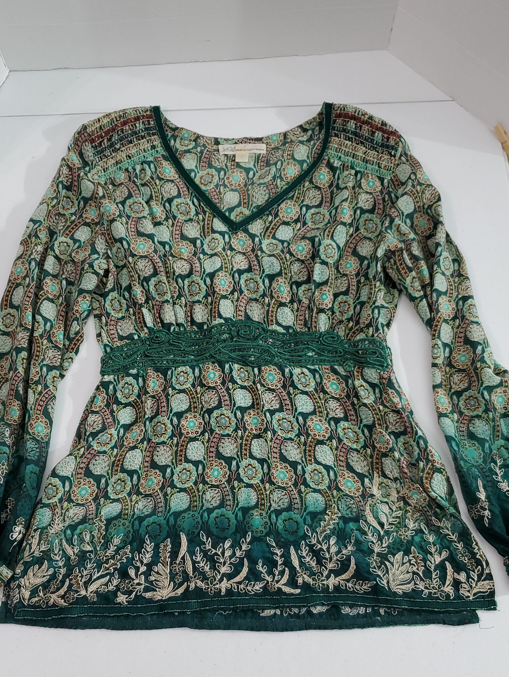 VTG Sz 3 Green Silk Boho RenFaire Zip Tunic Paisley Print Beading Lace Details